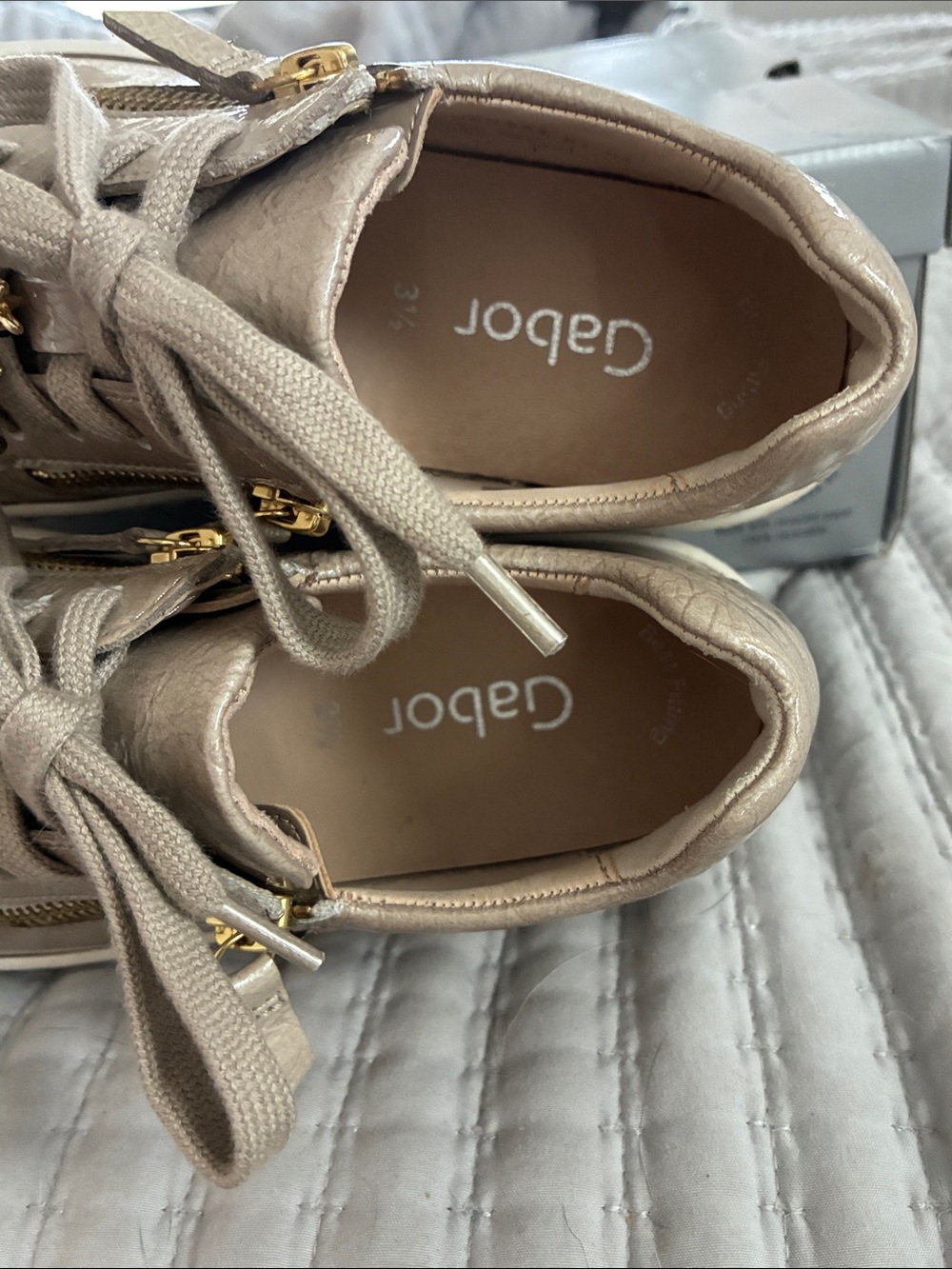 Gabor Beige Patent Leather Platform Sneakers with Gold Zippers - Picture 7 of 11